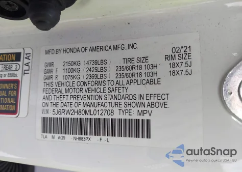 2021 Honda Cr-V Awd Ex-L z USA, uszkodzony, nr VIN 5J6RW2H80ML012708